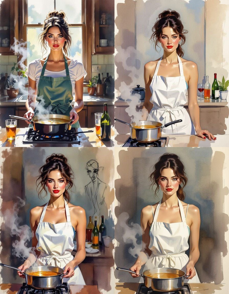 Confident Woman in Kitchen: Watercolor and Linear Style