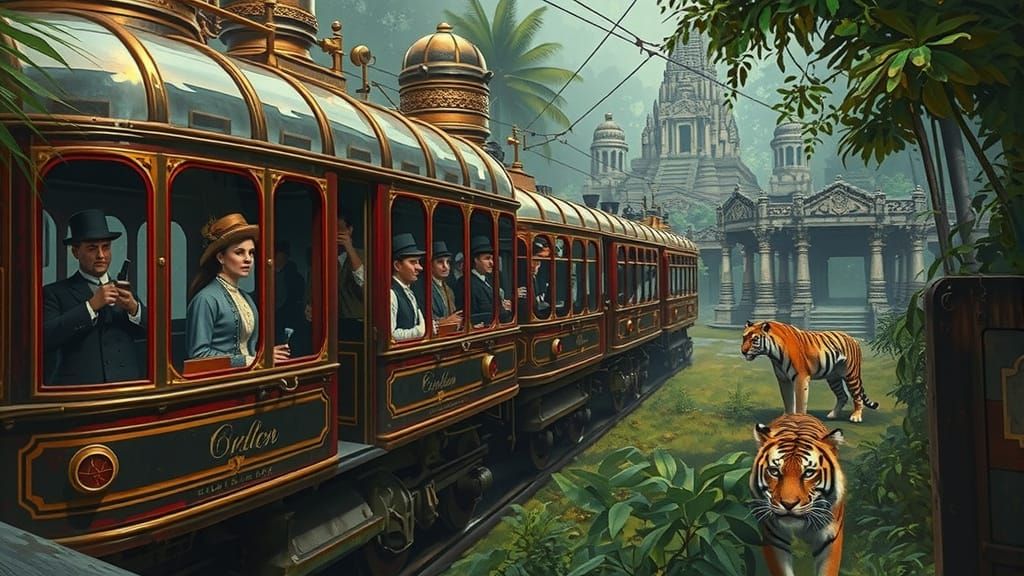 Steampunk Train in Jungle with Temple Ruins and Tiger
