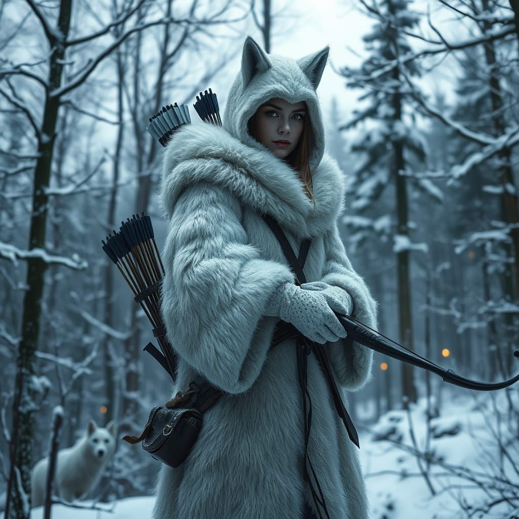 Hunter in Wolf-Skin Cloak Poses in Snowy Dark Forest