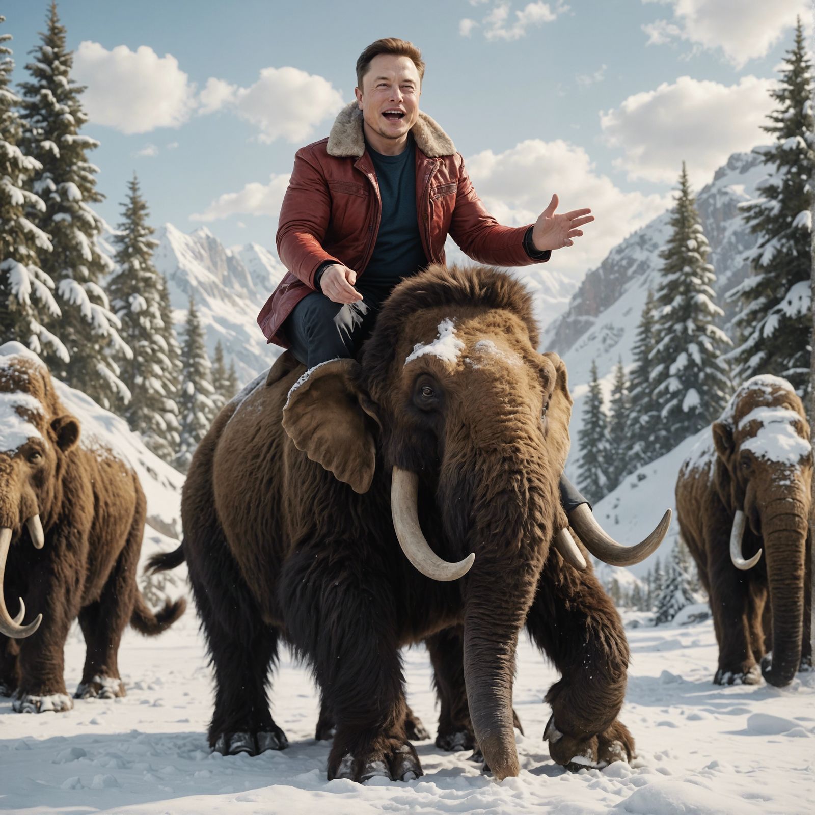 Cartoon Elon Musk on Mammoth in Snow