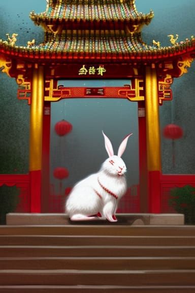 Fluffy Rabbit at Chinese Temple, Detailed Digital Art