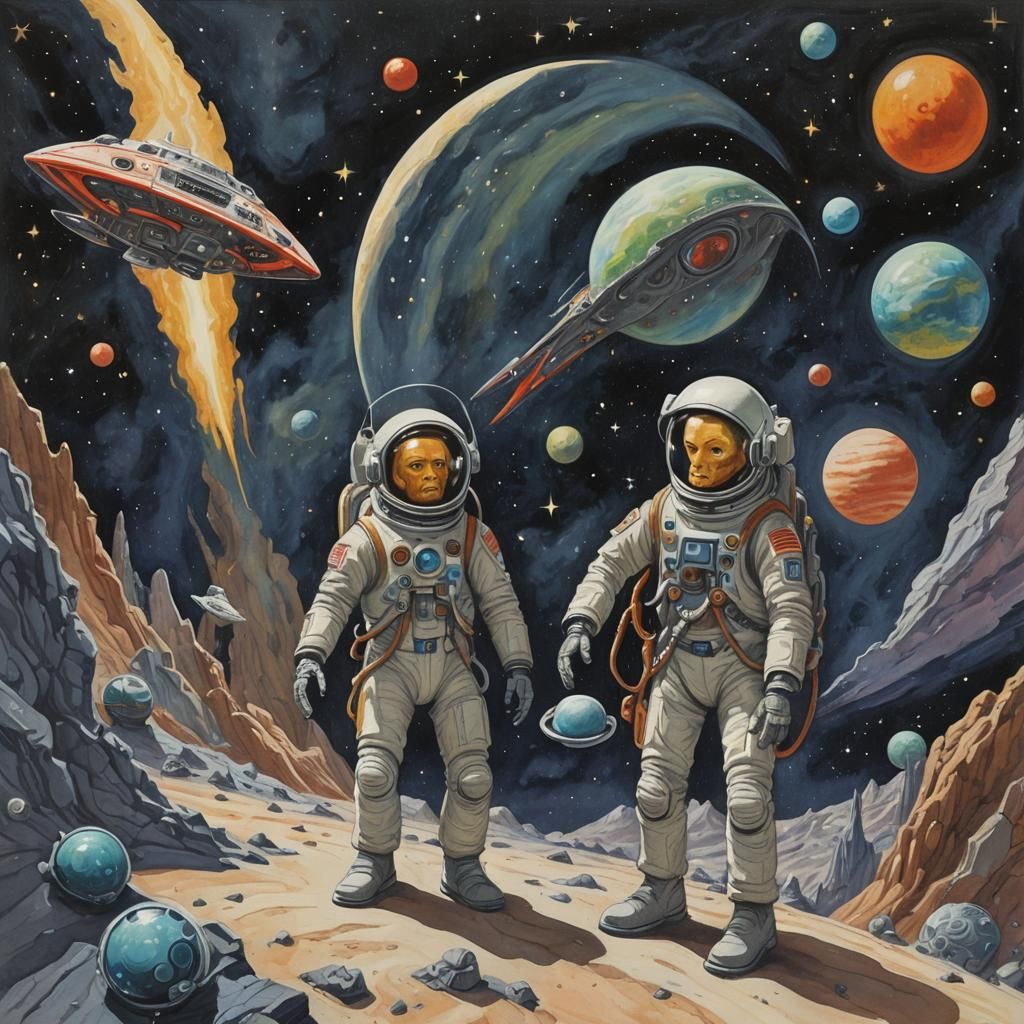 Space Travelers' Tragic Opera: A Gouache Painting