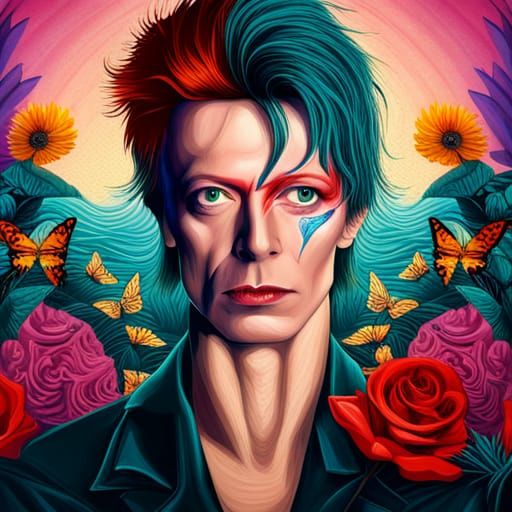 David Bowie with Sugar Skull make up, surrounded by flowers ...