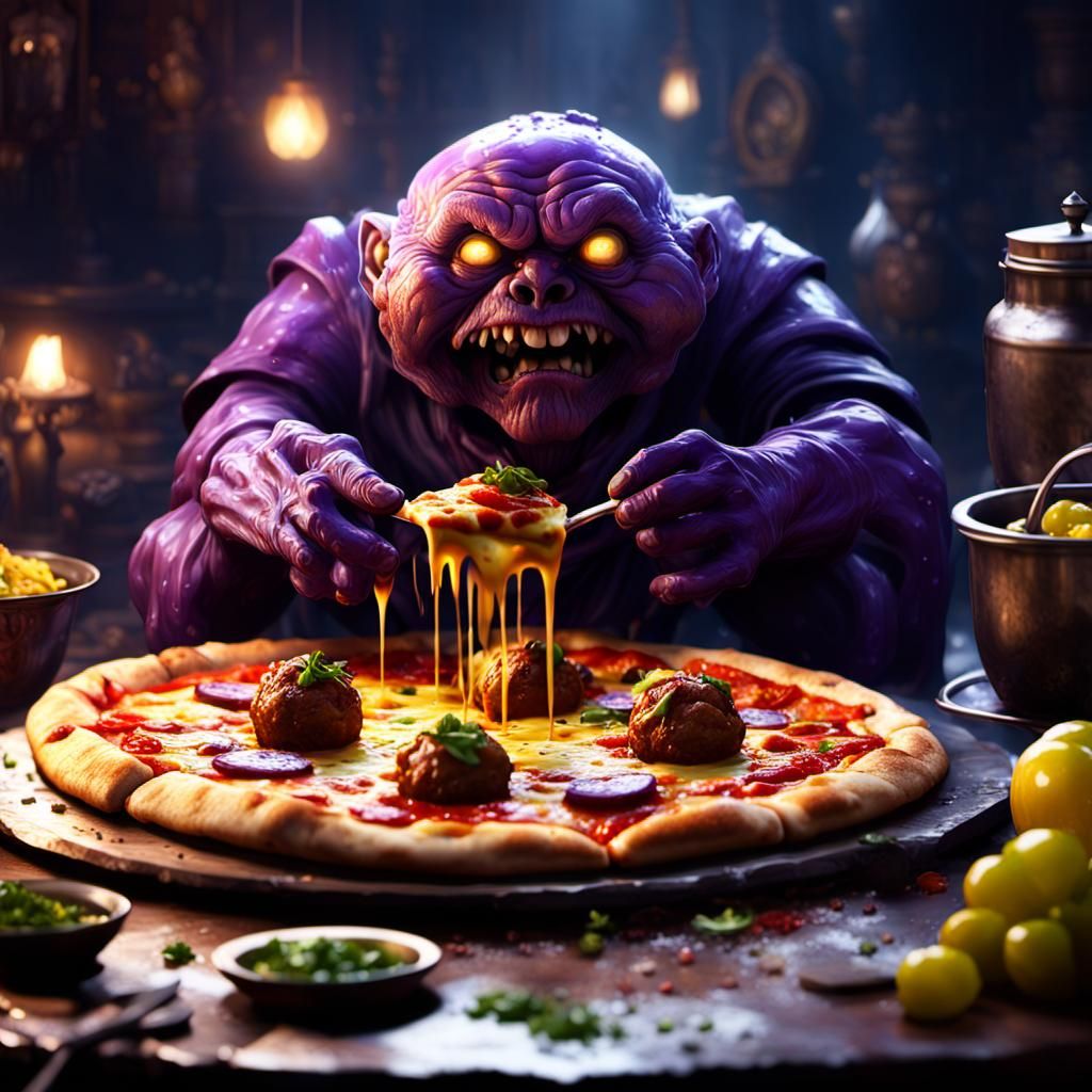 Cursed Meatball Pizza, cheesy, toxic, bubbly a masterpiece, 8k resolution, dark fantasy concept art, by Greg Rutkowski, ...