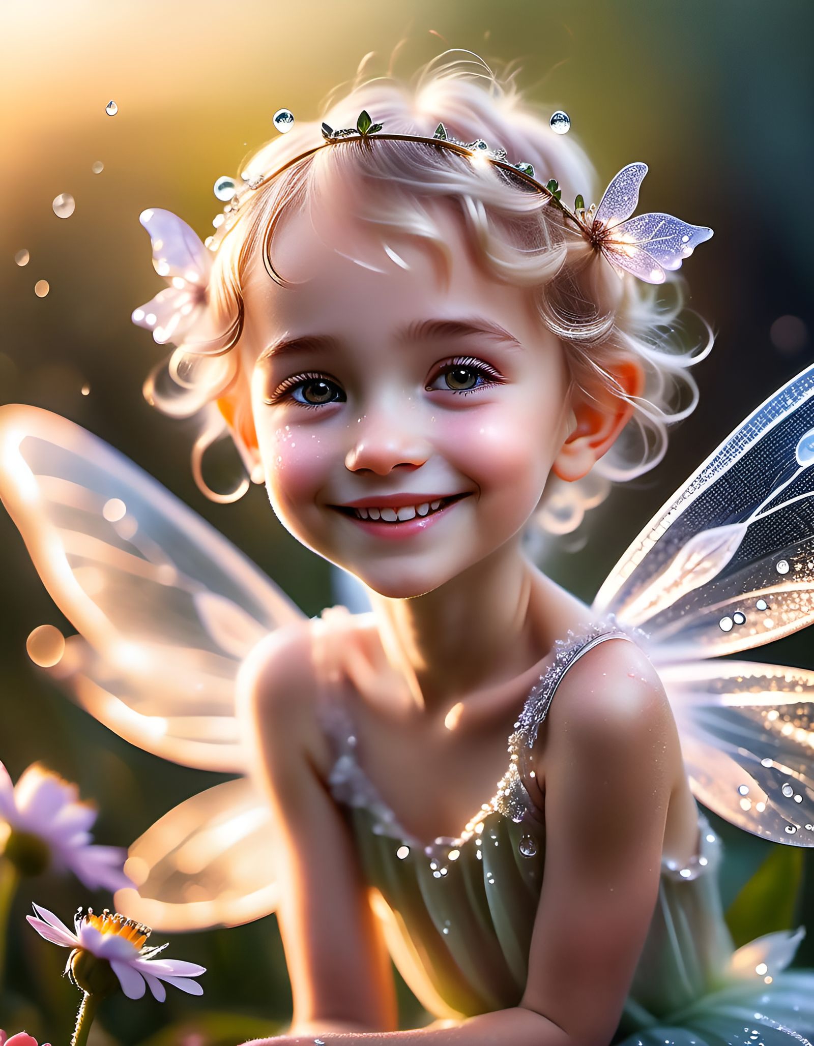 Delicate Fairy Resting on Dewy Flower Petal