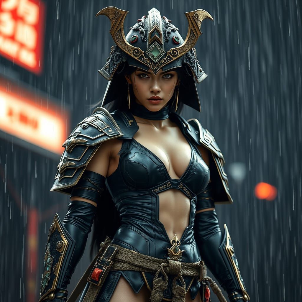 Futuristic Samurai Woman in Rain, Film Noir Style