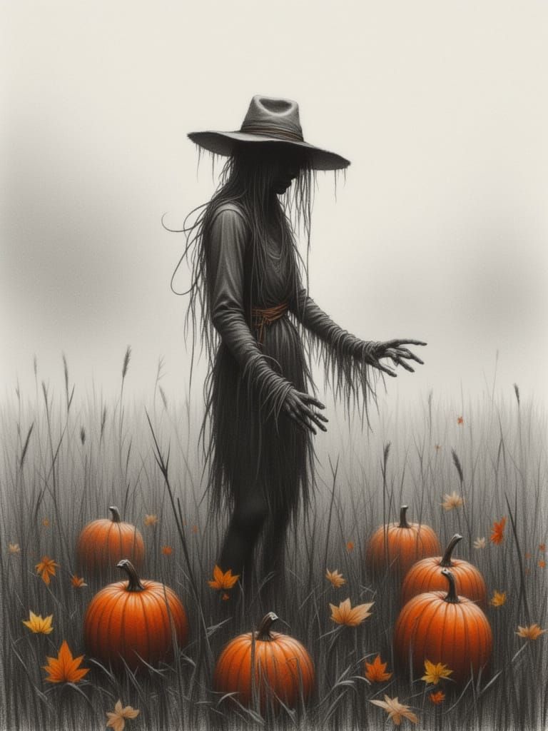 Monochrome Scarecrow in Misty Autumn Field