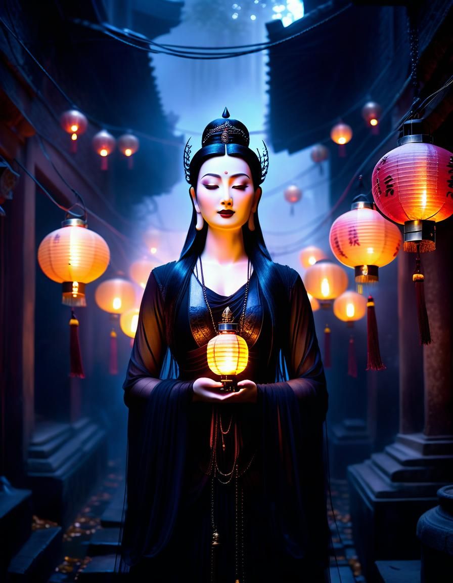 Gothic Kawaii Kwan Yin in Dimly Lit Alleyway