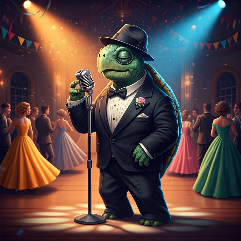 Turtle Crooner Sings at 1950s Prom in Digital Art