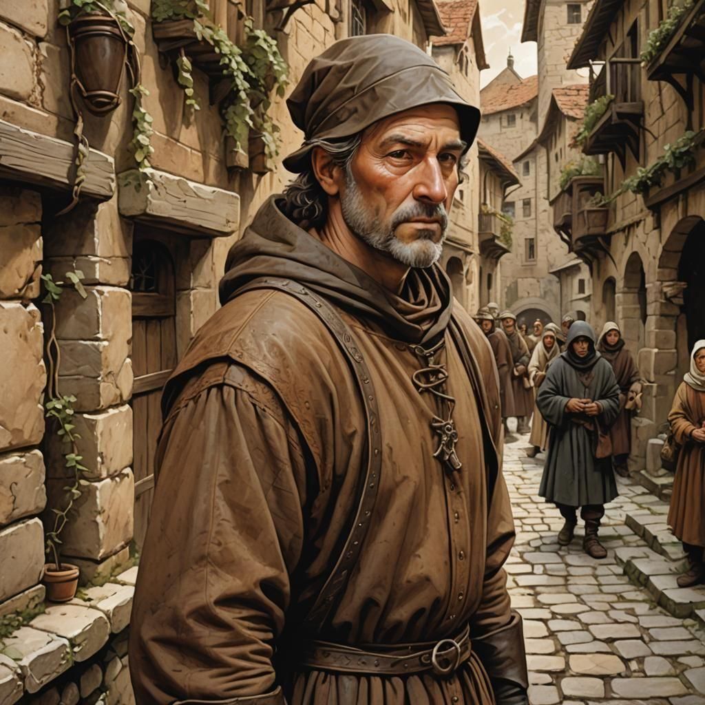 Medieval Man with Eye Patch in Cityscape