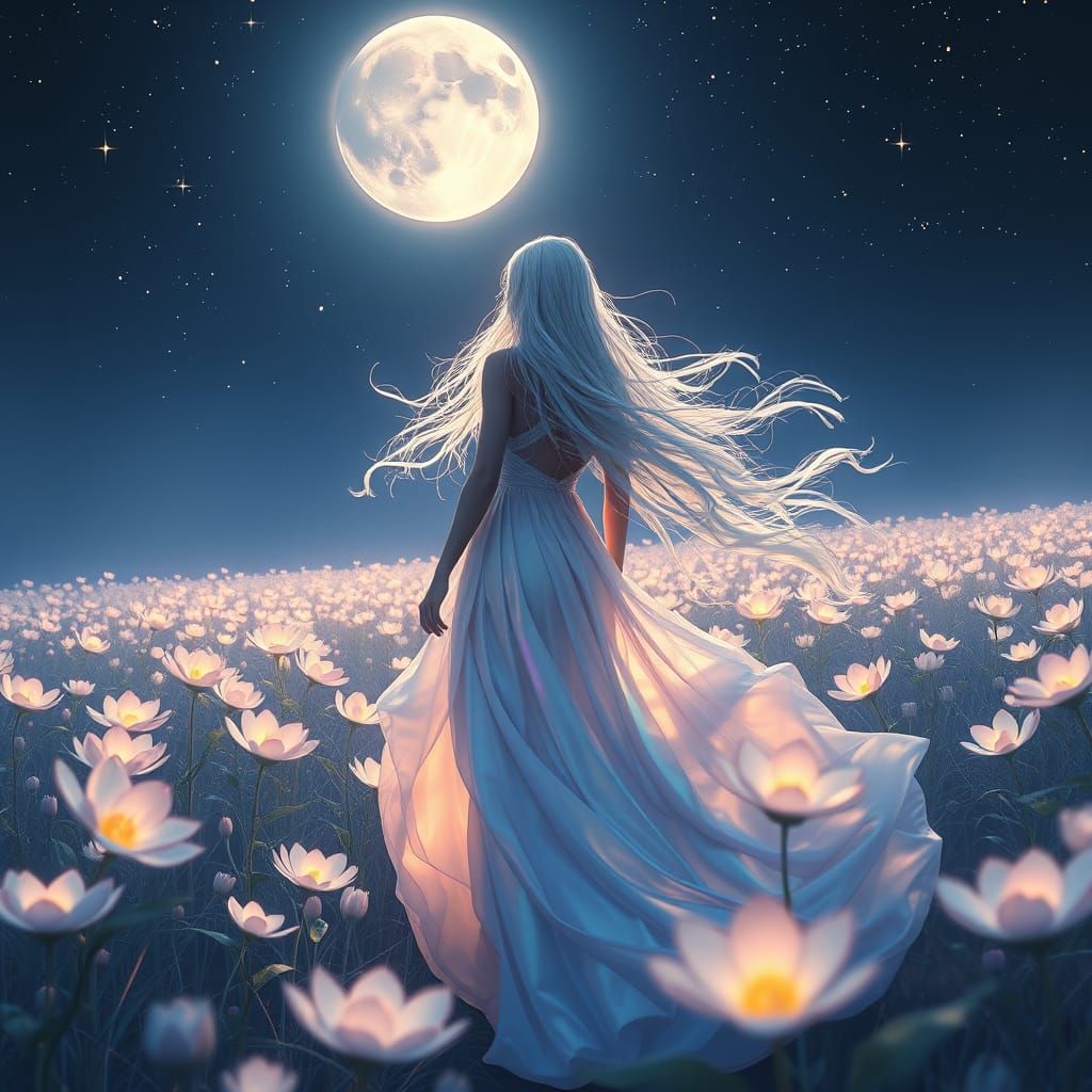 Ethereal Woman Walks Among Glowing Flowers Under Indigo Sky