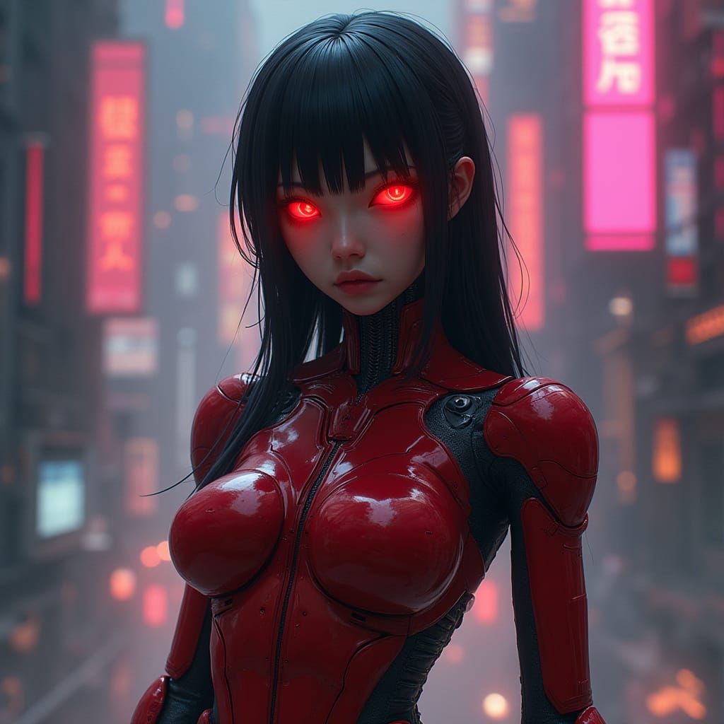 Cybernetic Girl in Neon Cityscape