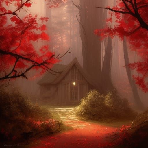 Red Cottage in Sinister Forest Illustration