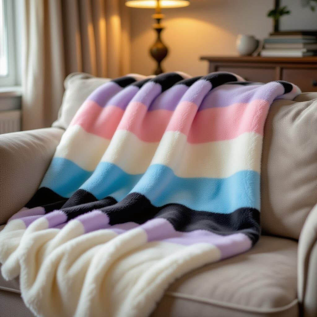 Cozy Genderfluid Flag Blanket on Sofa in Gentle Illustration...