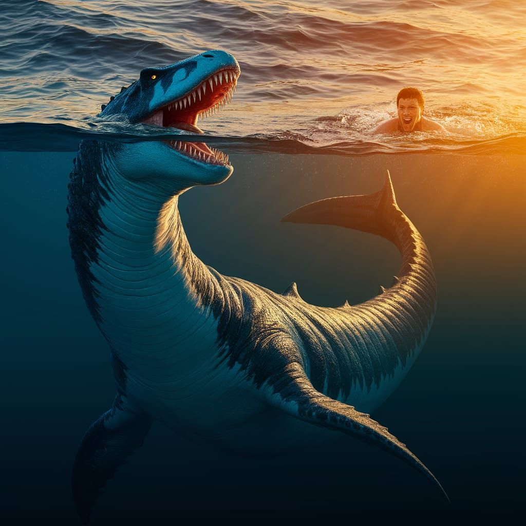 Menacing Mosasaur Lurking Beneath Golden Sunlight