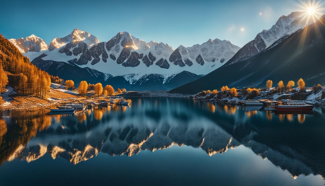 Panoramic Mountain Range with Village and Lake