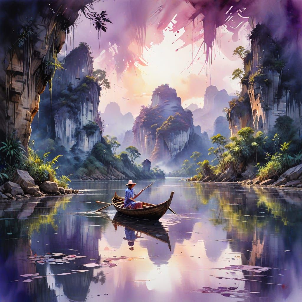 Hpa-An Twilight Landscape in Watercolor Style