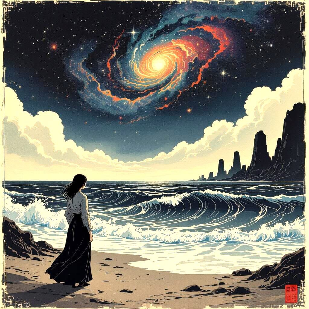 Woman Gazes at Cosmic Ocean in Ukiyo-e Style