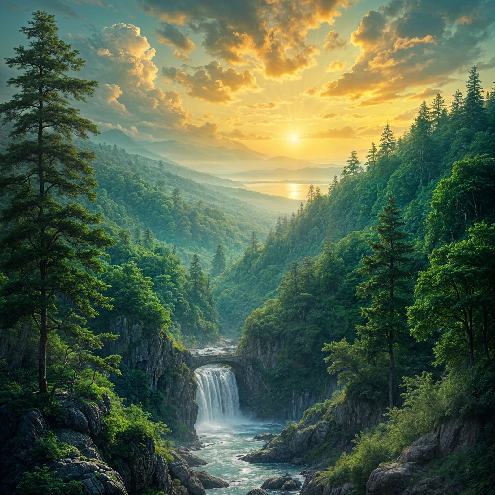 Lush Landscape Mural with Verdant Forests and Waterfalls