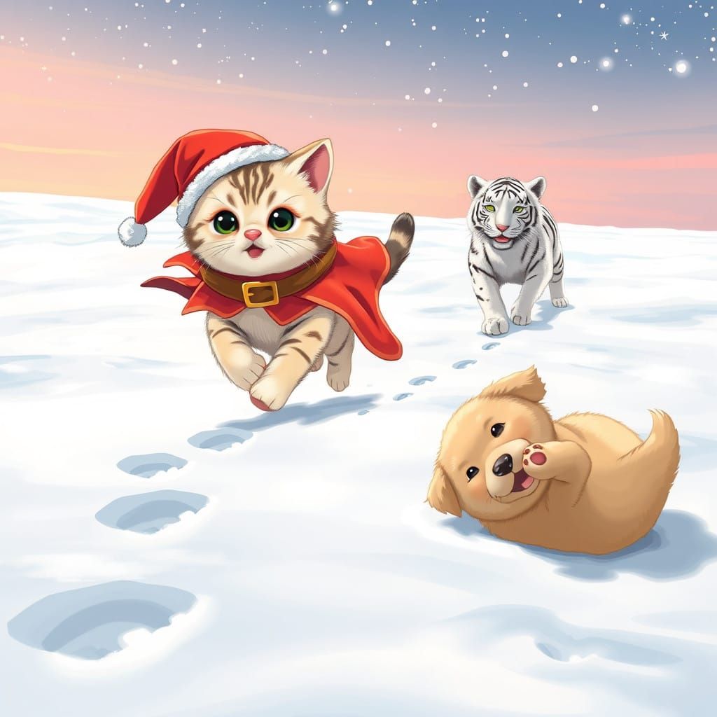 Adorable Friends Play in Snowy Wonderland in Anime Style