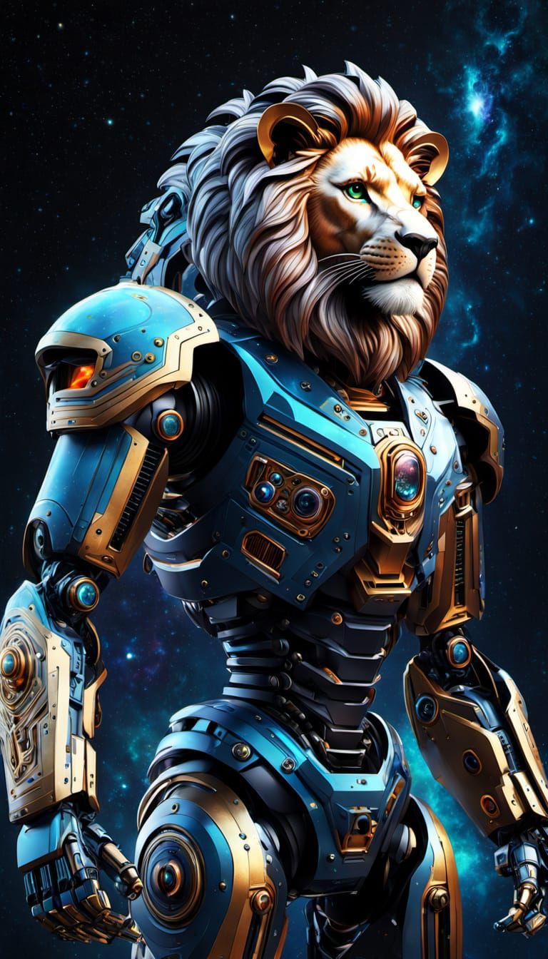 Futuristic Lion Robot Over Galaxy Print
