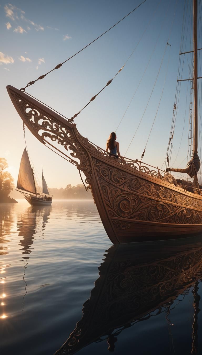 Cinematic Mermaid and Sailboat on Tranquil Lake