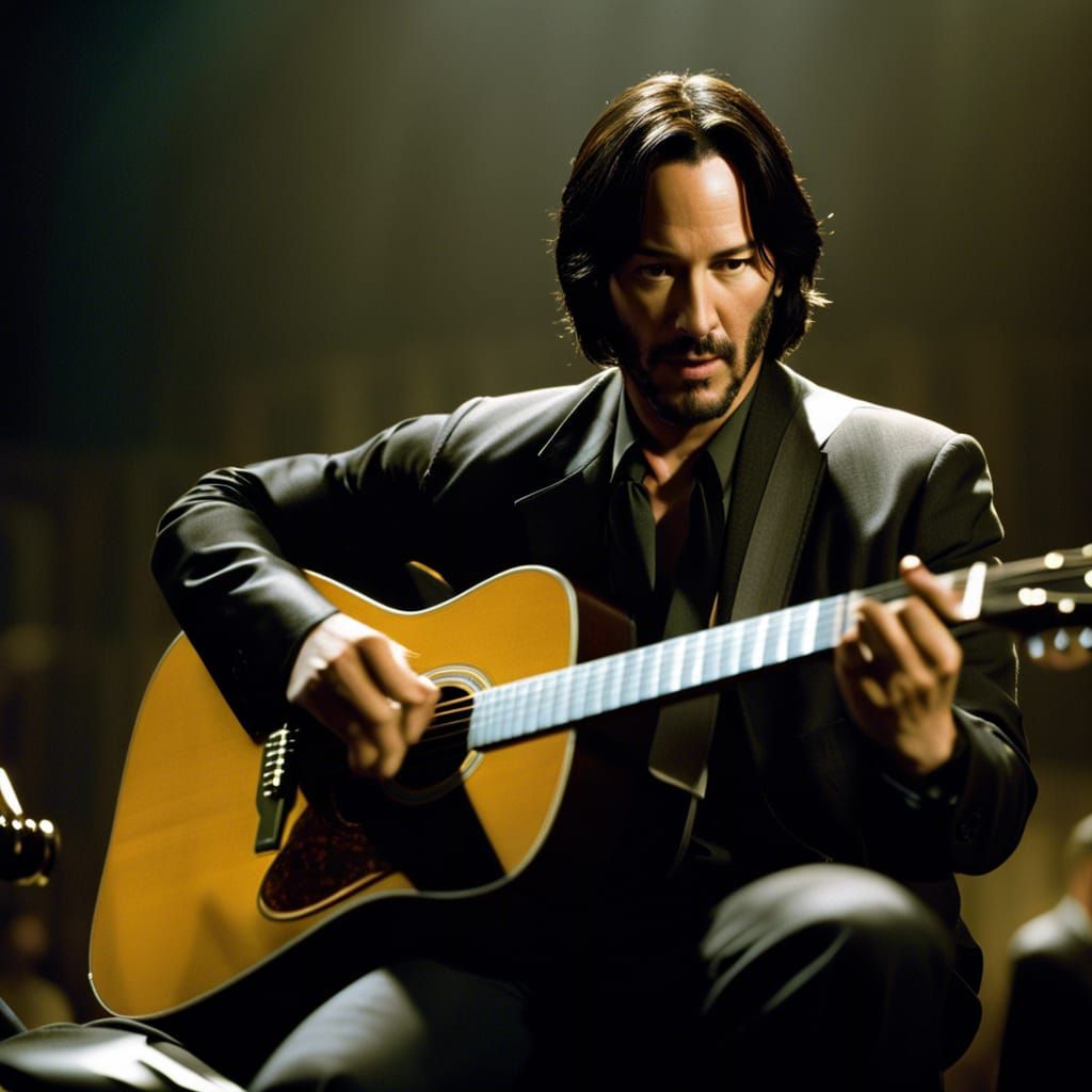 Keanu Reeves Guitar Photo, Cinematic Movie Still
