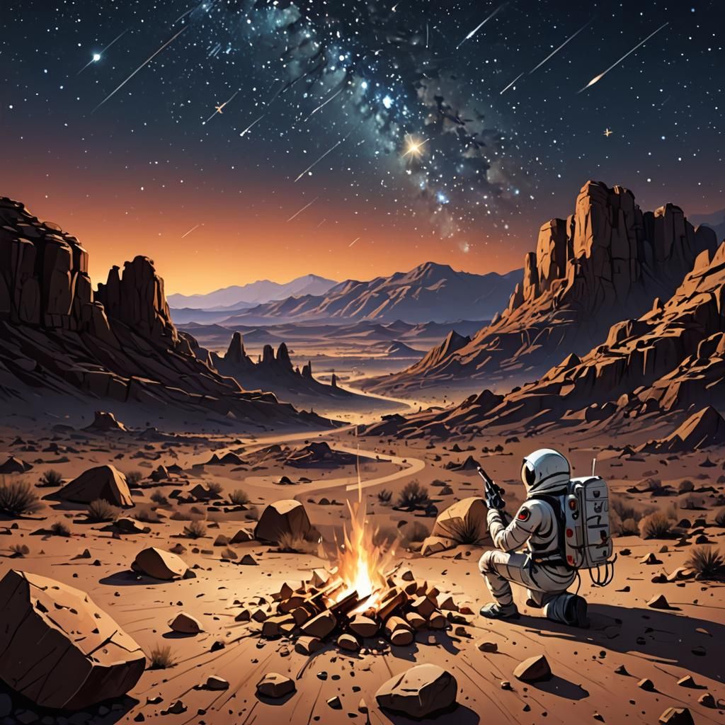 Starry Night Over Desert Ruins with Spacecraft