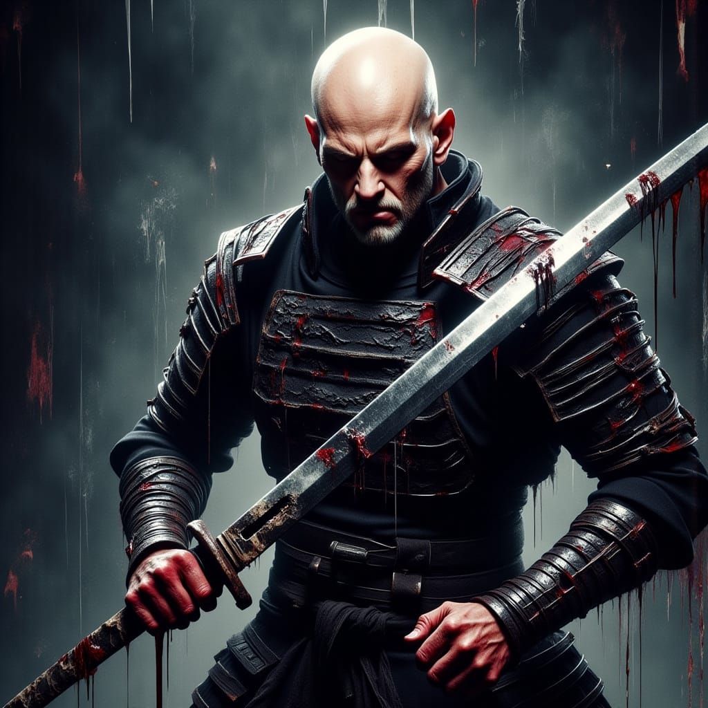 A Caucasian bald male <lora:Morbid:1.0> samurai, hyper styli...