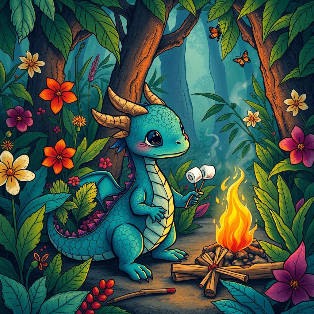 Whimsical Jungle Dragon Toasts Marshmallows with Matchstick...