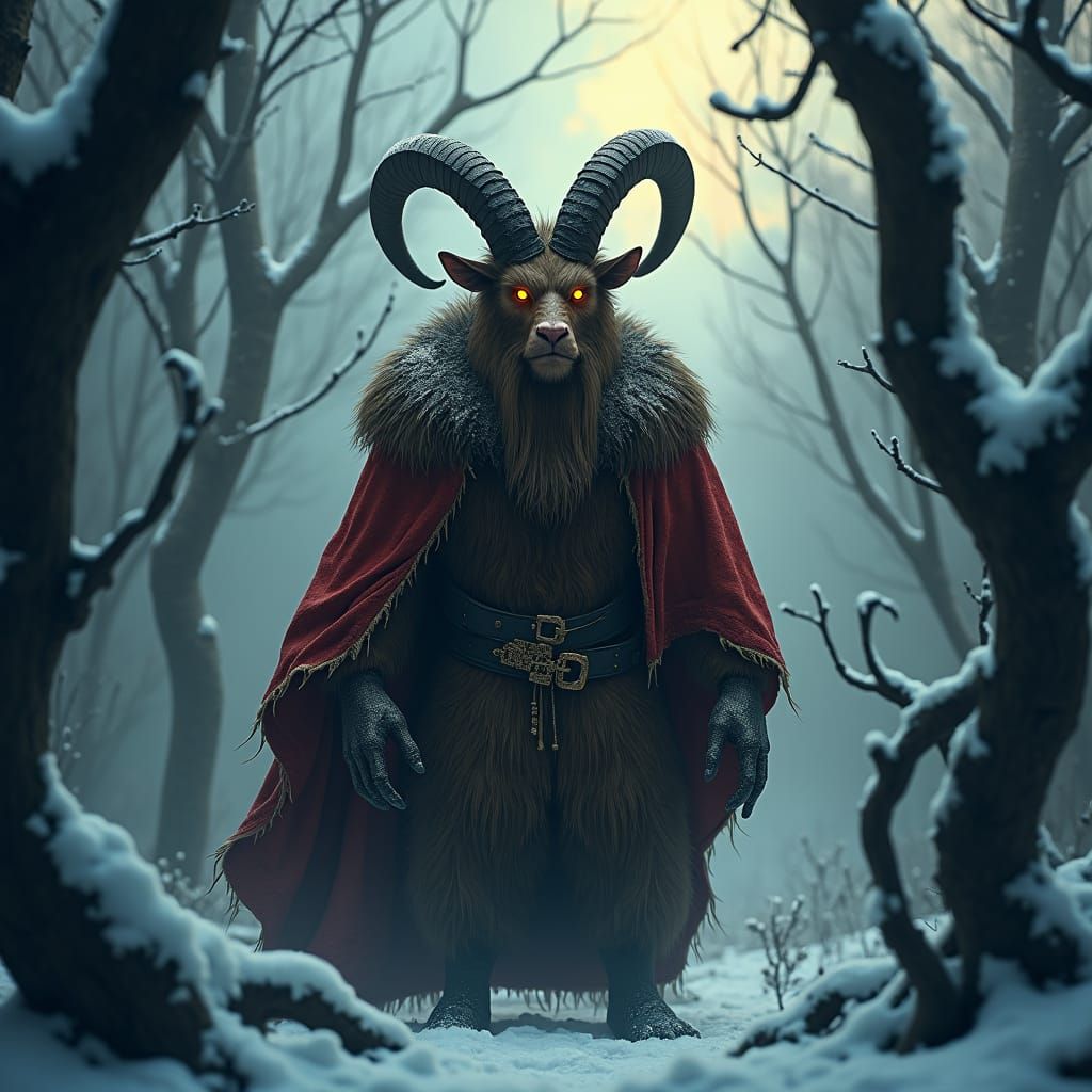 Majestic Krampus in Snowy Forest: Fantasy Art