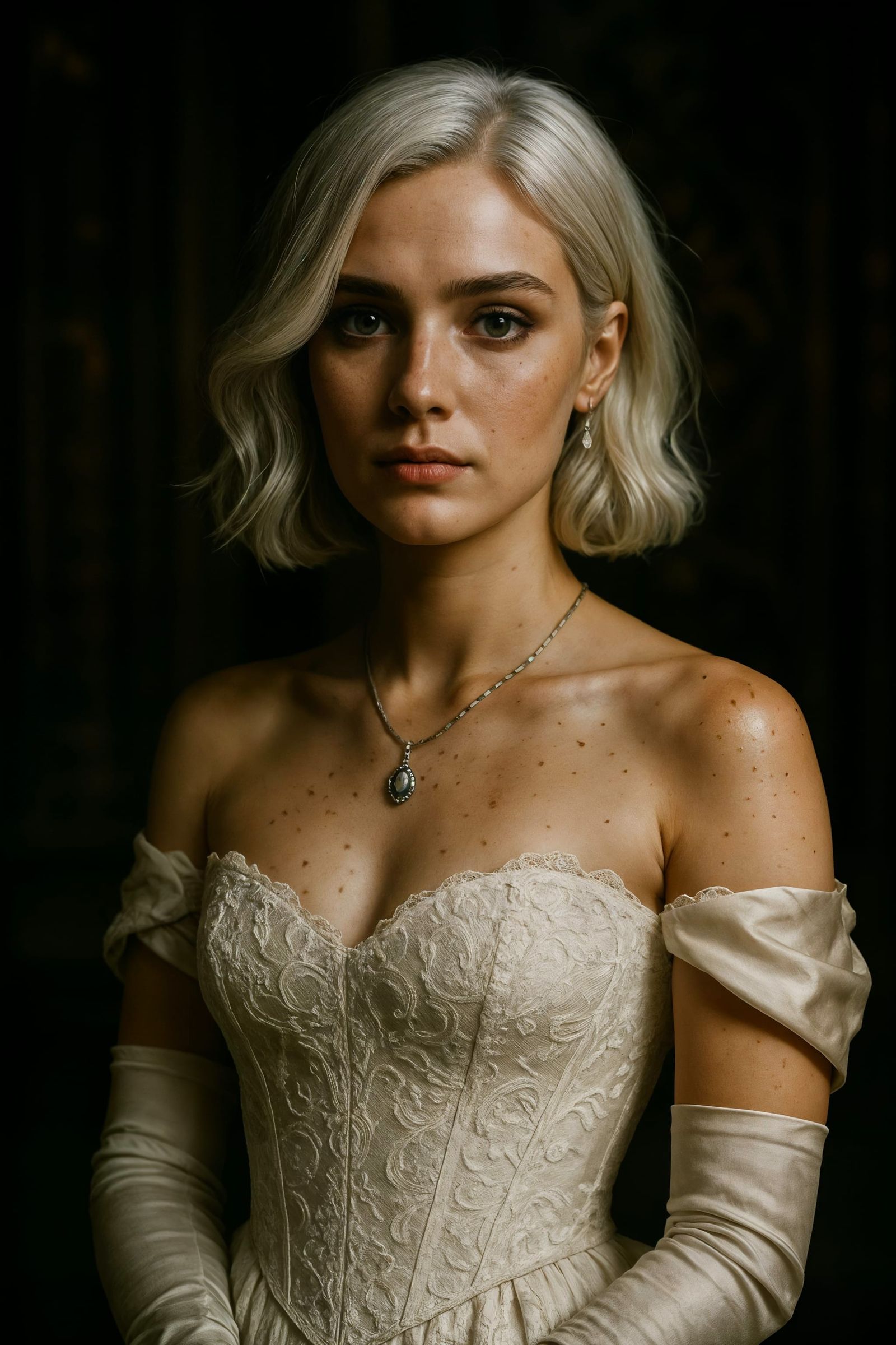 Elegant Woman in White Gown in Palace Interior