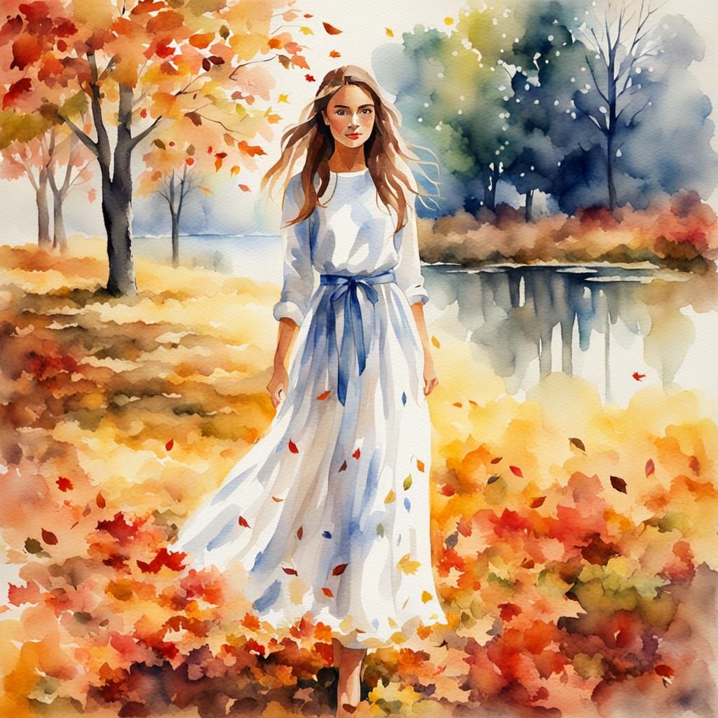Autumn Woman in Watercolor Style, Hyperrealistic Detail