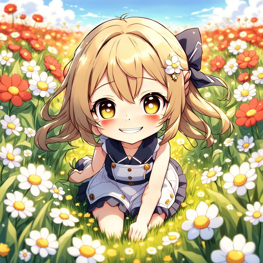 Smiling Chibi Girl in Anime Style Flower Field