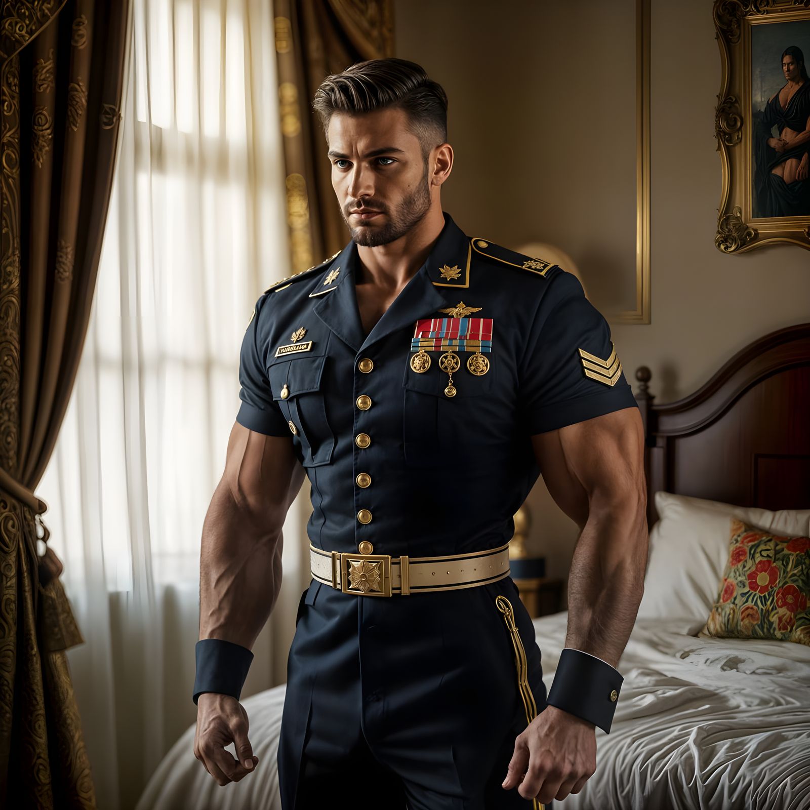 Bodybuilder in Military Uniform in Opulent Bedroom
