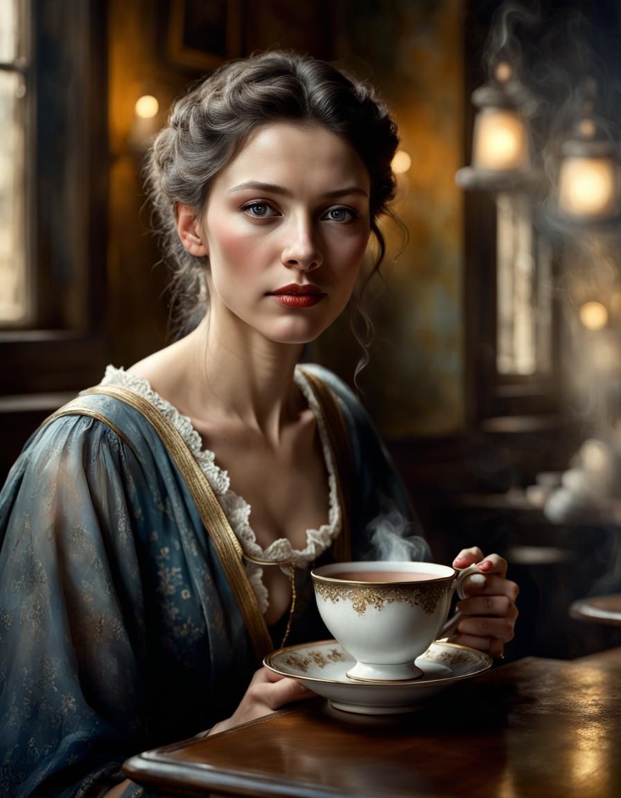 Emotional Woman in Cafe: Photorealistic Portrait