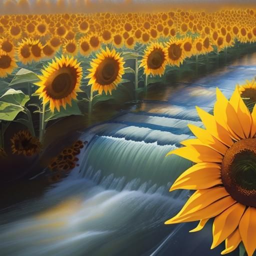Sunlit Meadow with Sunflowers and Stream