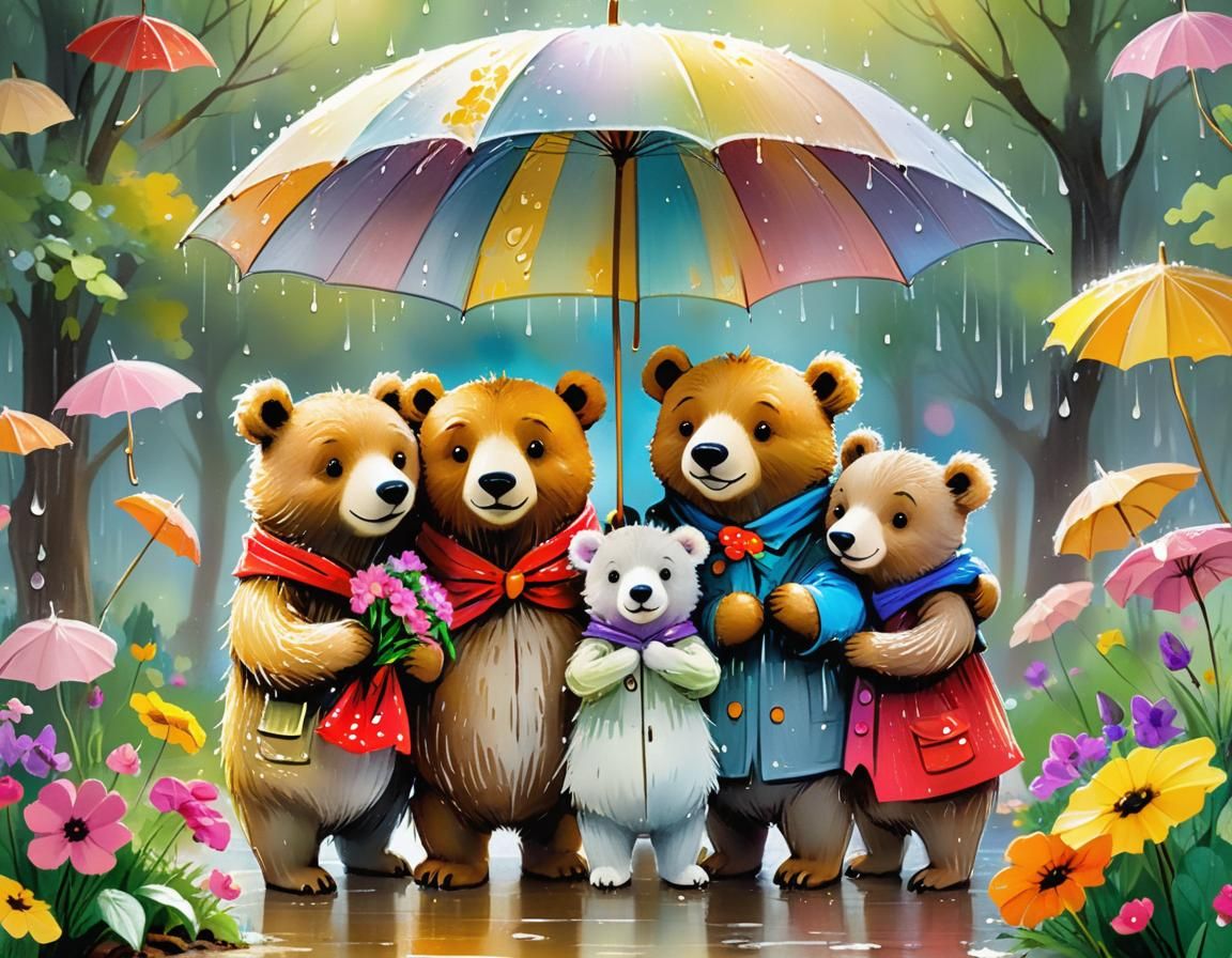 Bear Family in Rainy Storybook Illustration