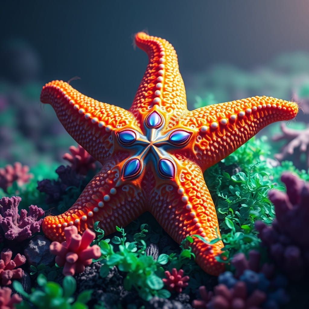 Vibrant Starfish on Emerald Seaweed in Deep Coral Hues