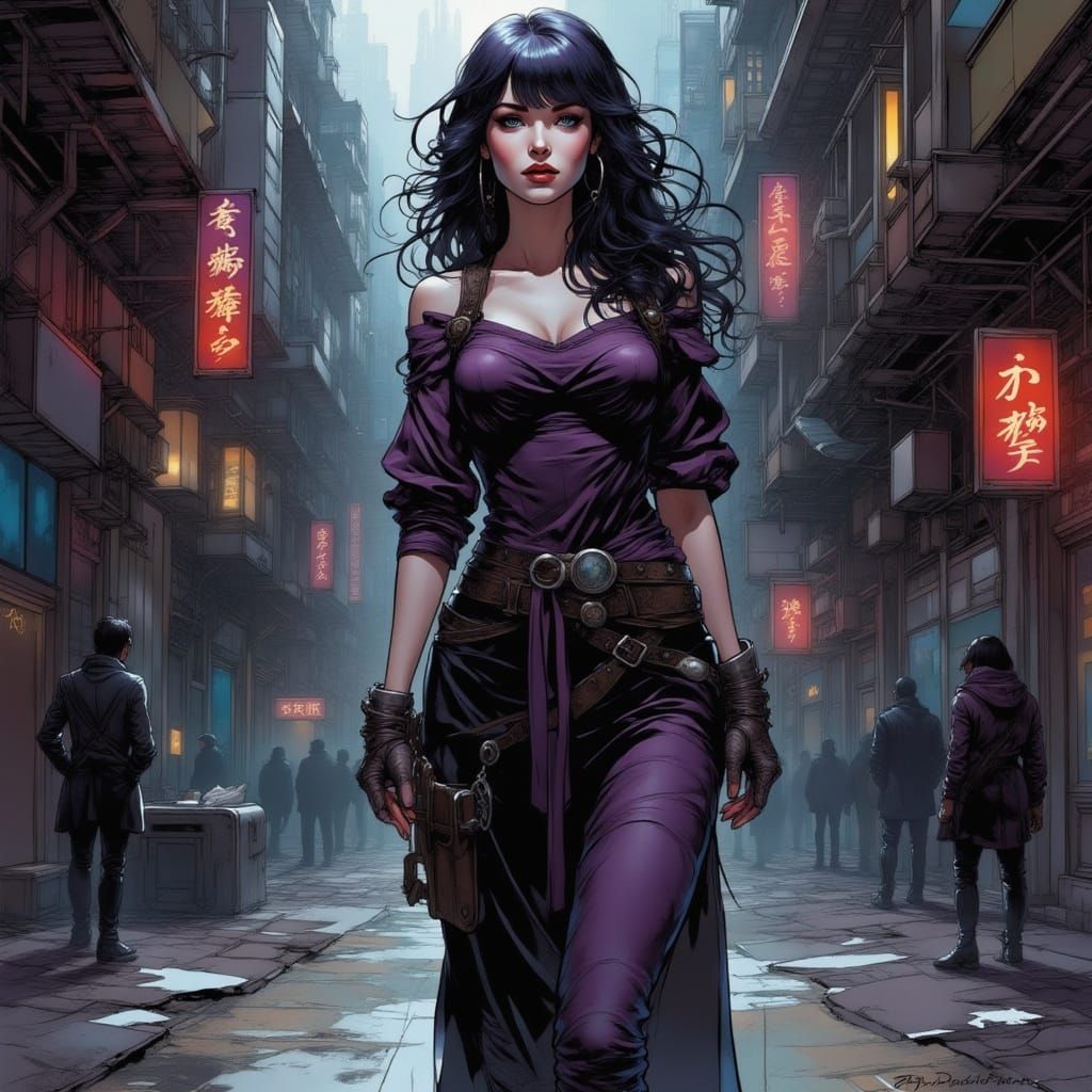 Gothic Anime Woman Ready to Fight in Alleyway