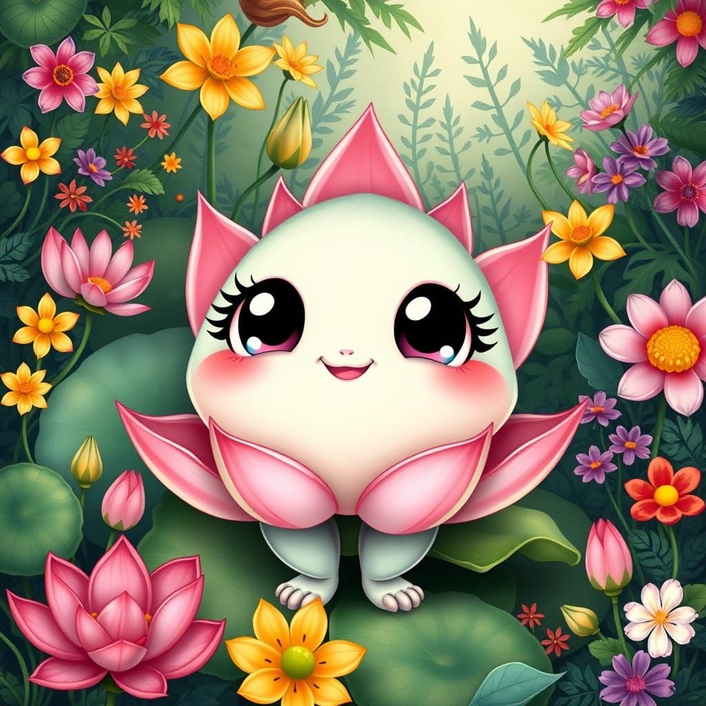Whimsical Lotus Creature in Vibrant Garden