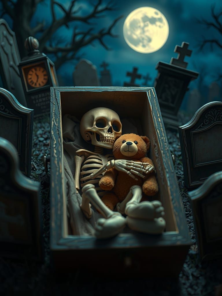 Cute Skeleton Sleeping Peacefully in Coffin