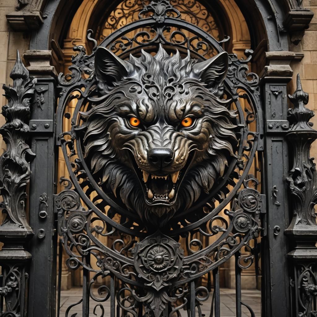 Baroque Iron Gate Engraving of a Wolf's Head