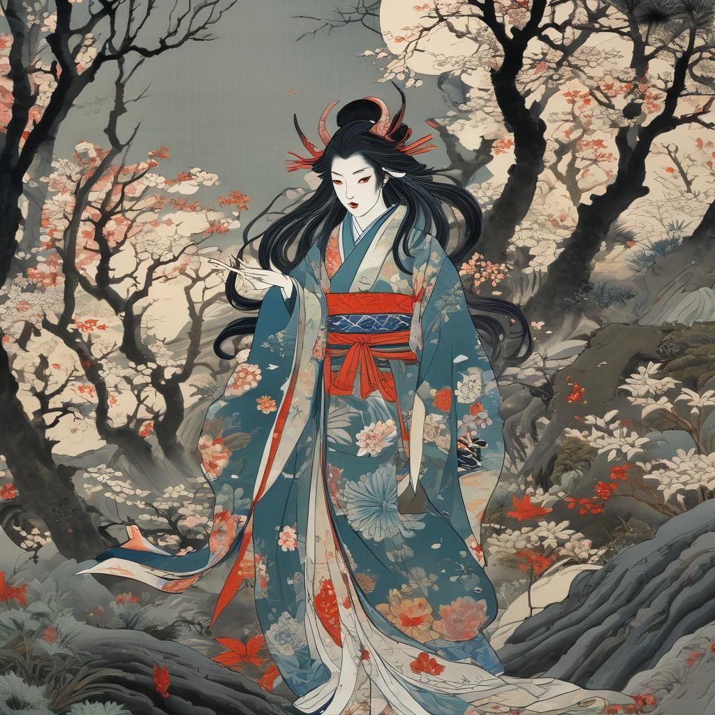 Ukiyo-e: Japanese Girl with Nature Devil
