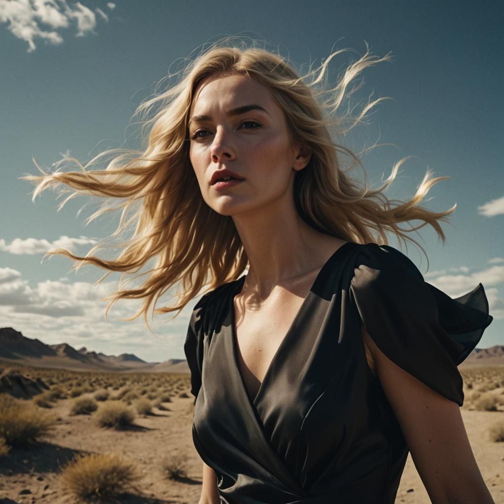 Blonde Girl in Black Dress: Cinematic Desert Scene