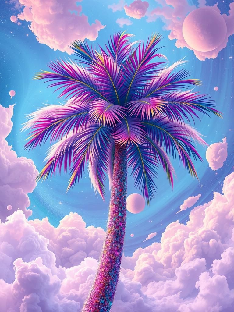 Glitter Palm Tree in a Cosmic Dreamscape