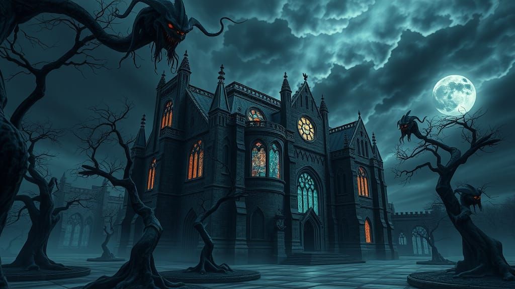 Gothic Cathedral in Surreal Dark Landscape