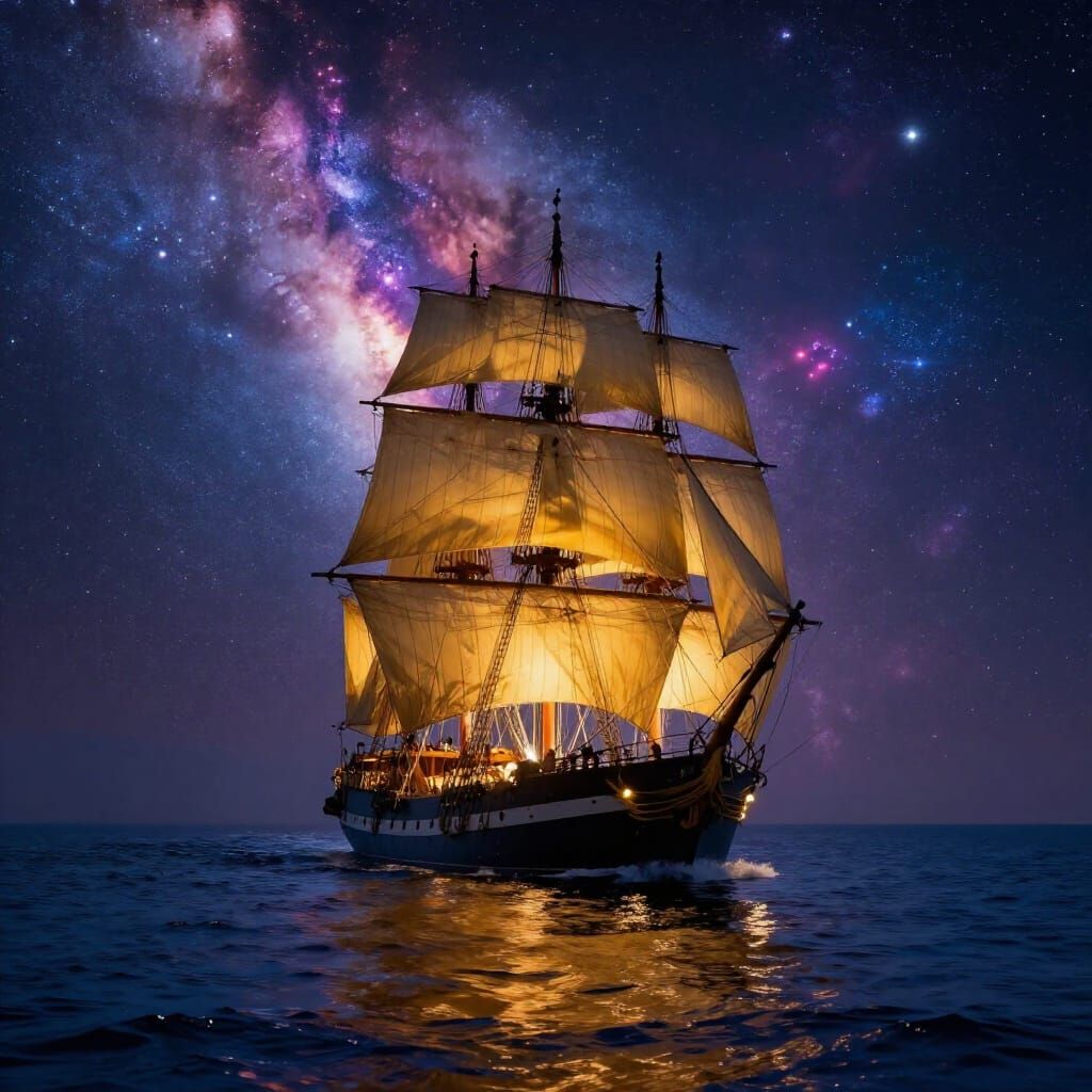 Golden Sails Ship Navigating Starlit Nebula Ocean
