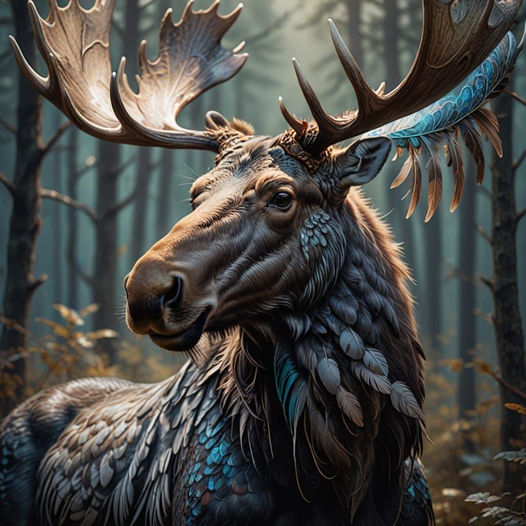 Majestic Iridescent Beast with Feathered Antlers