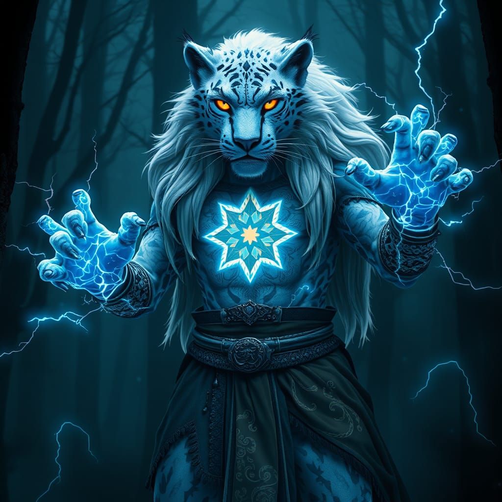 Snow Leopard Humanoid in Mystical Forest, Art Nouveau Style